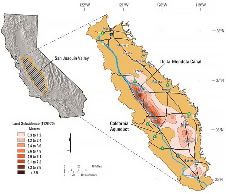 Масштаби просідання ґрунту в долині Сан-Хоакін