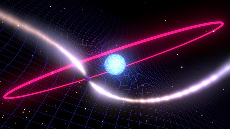 Білий карлик та пульсар тягнуть тканину простору-часу навколо своєї орбіти