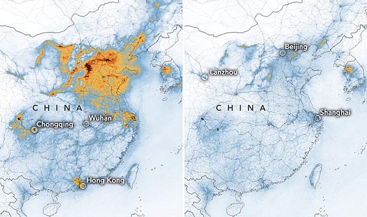 NASA показало, як через спалах коронавірусу в Китаї знизився рівень забруднення повітря